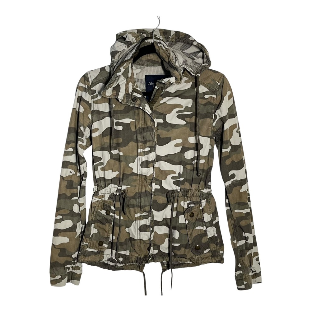 American Eagle‎ Women's Camo Utility Jacket Hooded Ripstop Green Brown Small
